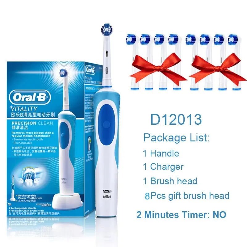Oral-B Vitality electric toothbrush packaging with blue handle, charger base, and 8 gift brush heads