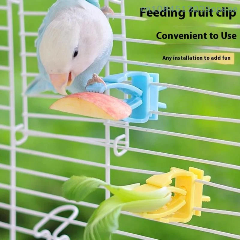 Blue and yellow plastic bird cage food clips holding fruit and vegetables for easy parrot feeding.
