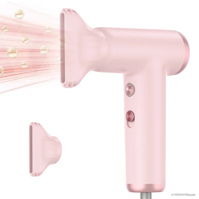 Pink portable high-speed hair dryer with nozzle attachment, brushless motor, and sleek ergonomic design for fast drying.