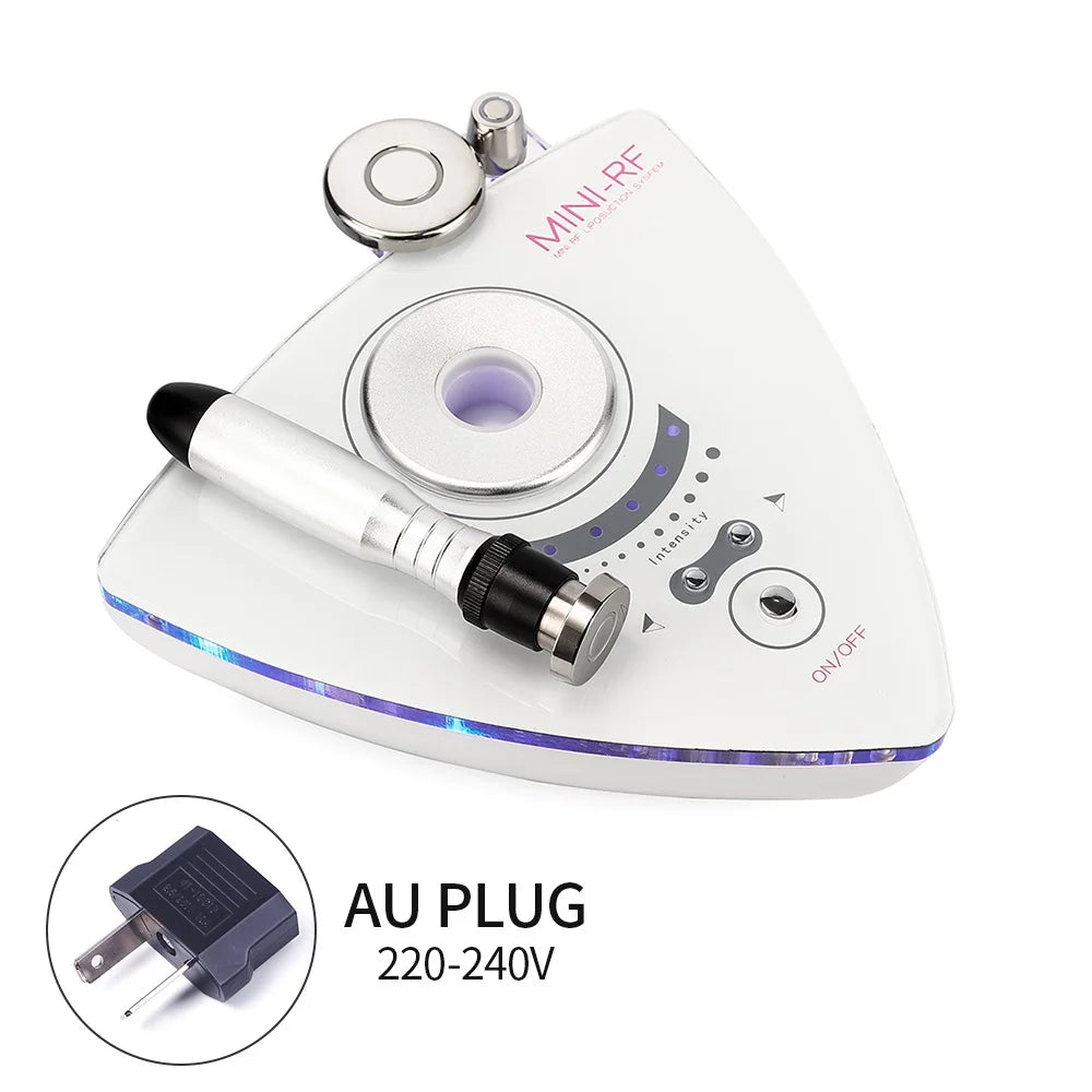 White triangular radio frequency skin tightening device with a metallic handpiece, control buttons, and AU power plug.