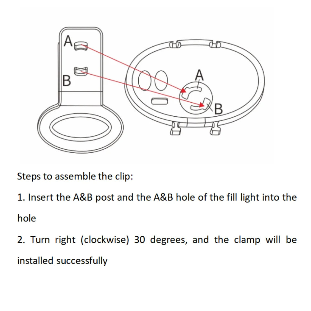 Diagram showing assembly steps for a fill light clip with labeled A and B alignment posts.