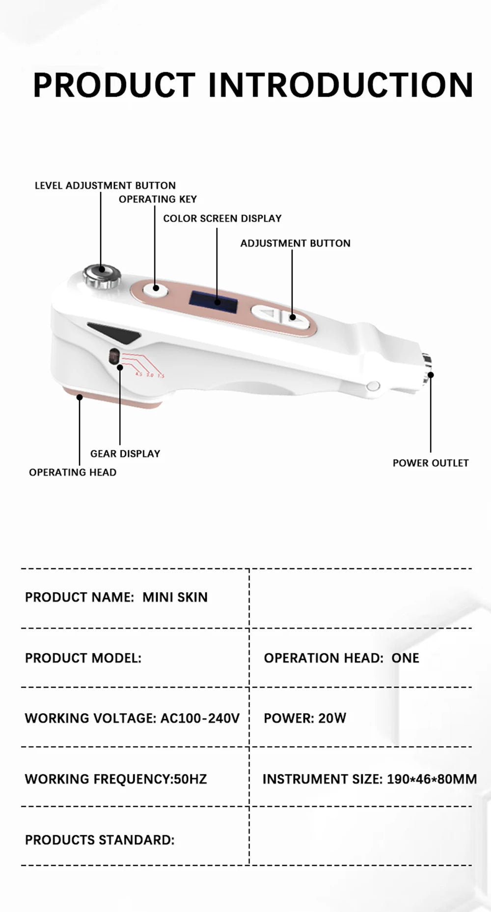 White handheld mini HIFU facial lifting machine with screen display, adjustment buttons, and professional probe head.