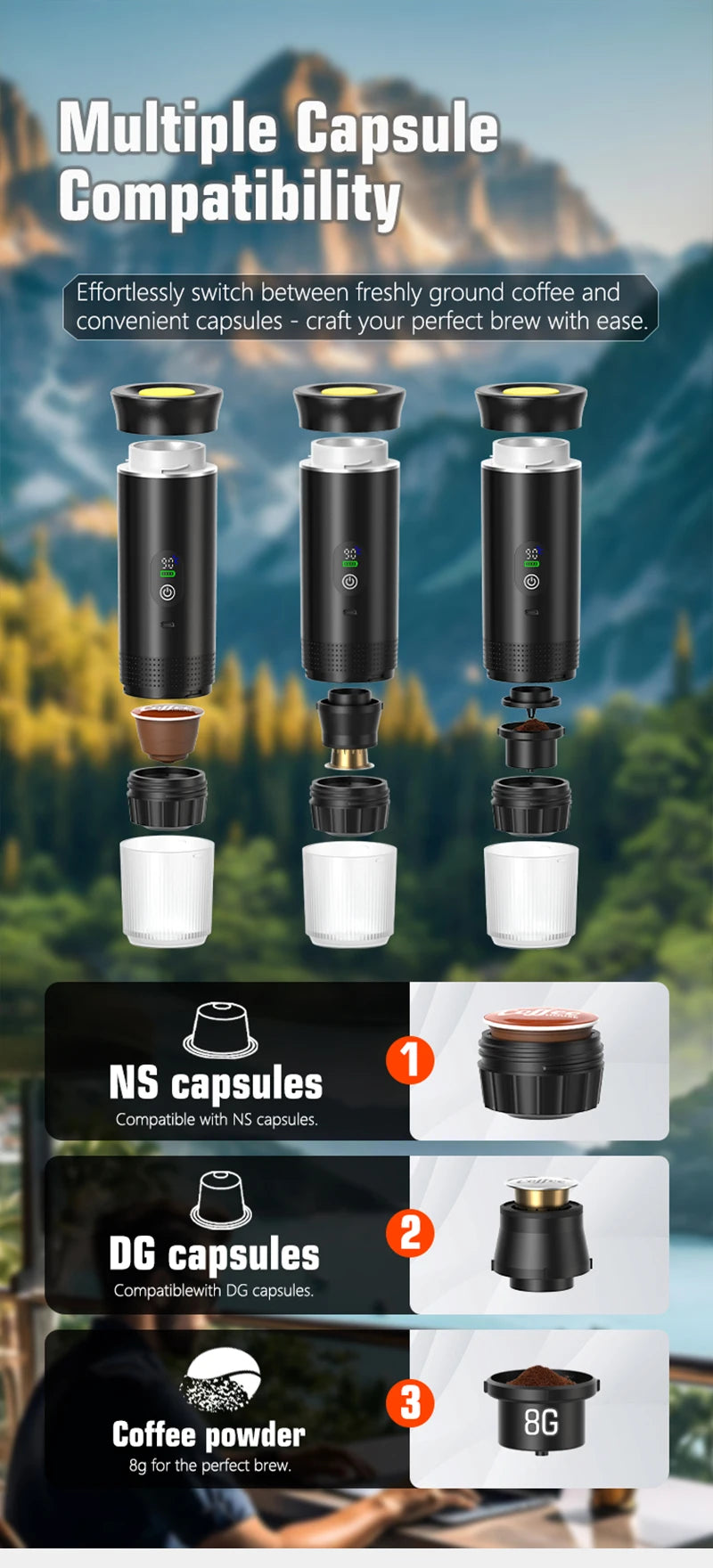 Portable black espresso maker with attachments for NS, DG capsules, and 8g ground coffee for travel brewing.