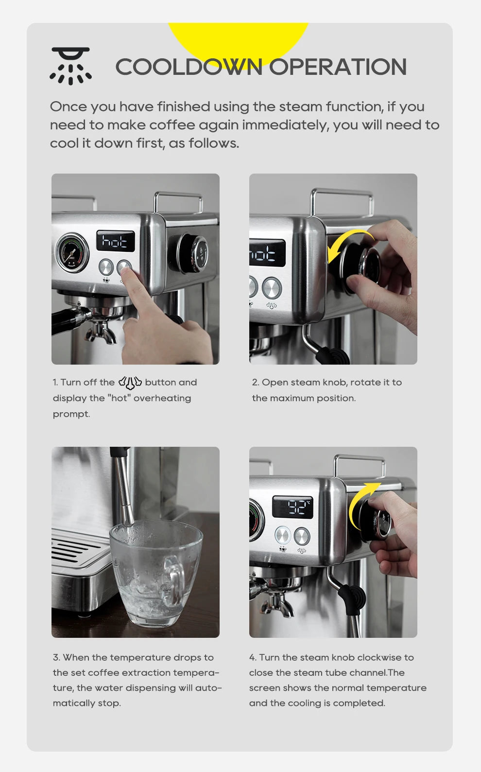 Stainless steel espresso machine cooldown process steps showing steam knob control and digital temperature display.