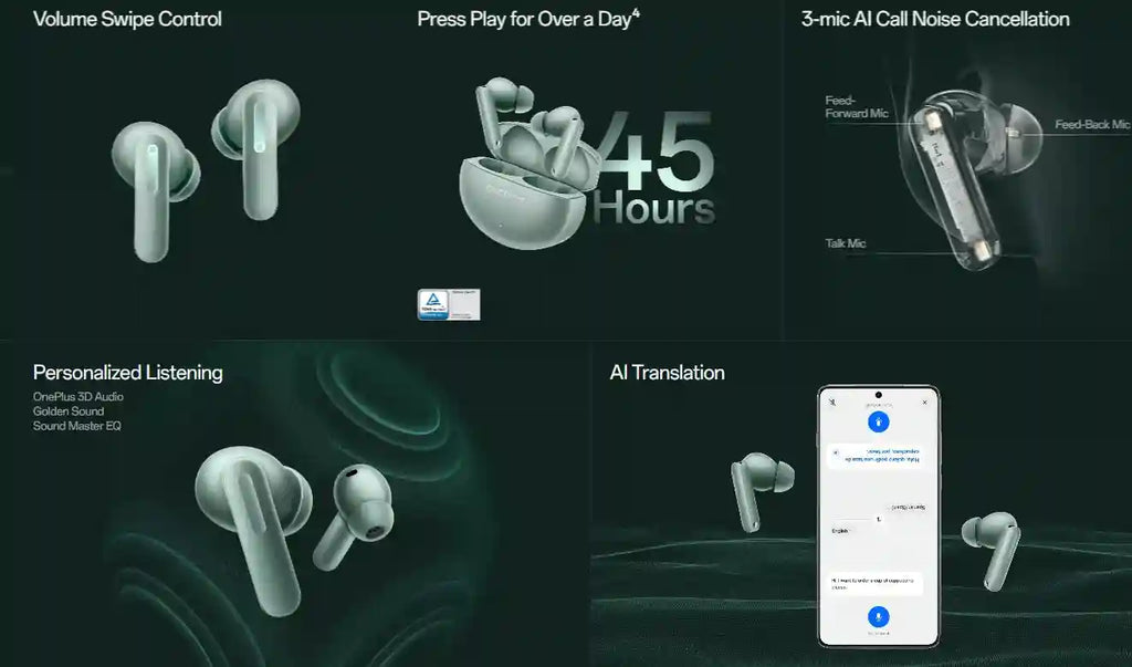 OnePlus Buds 4 Wireless Earbuds | 55dB ANC & 45Hr Battery | Zen Green Tidesmit