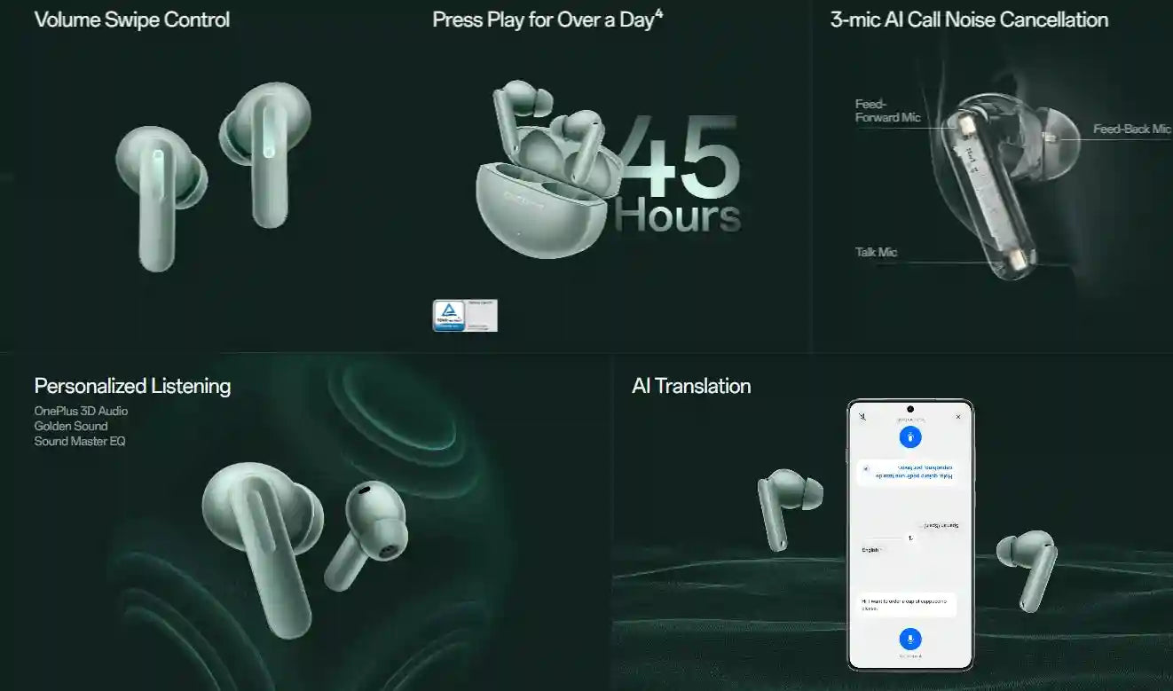 OnePlus Buds 4 Wireless Earbuds | 55dB ANC & 45Hr Battery | Zen Green Tidesmit