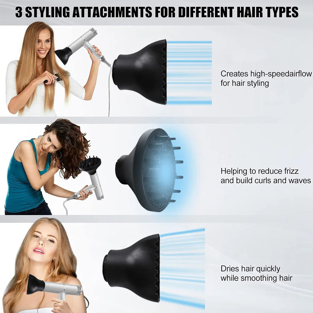 Silver high-speed ionic hair dryer with 3 styling attachments for fast drying, frizz reduction, and smoothing.