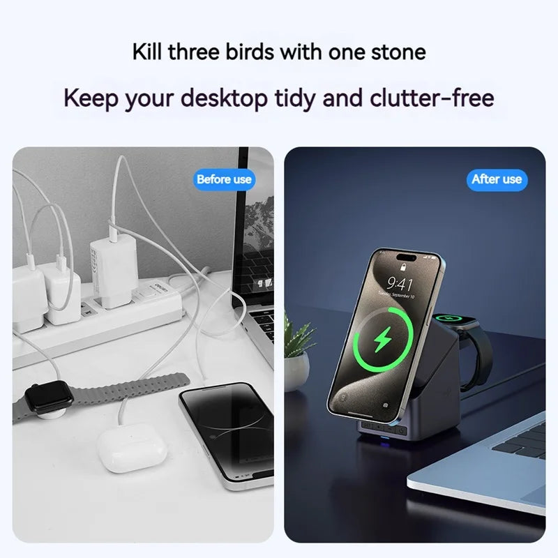 Magnetic wireless phone charging stand with green charging icon and time panel, gray
