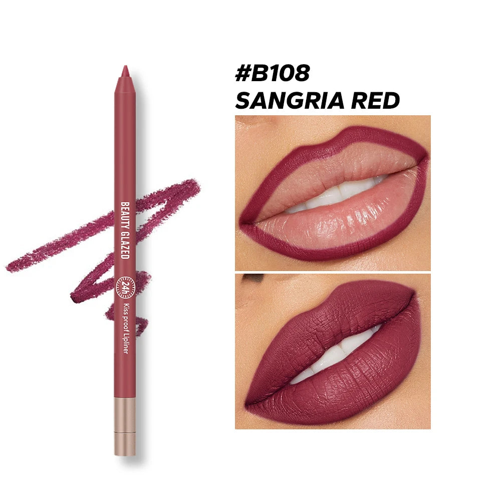 Waterproof matte lip liner pencil in Sangria Red shade, showcasing precise lip lining and full matte coverage.