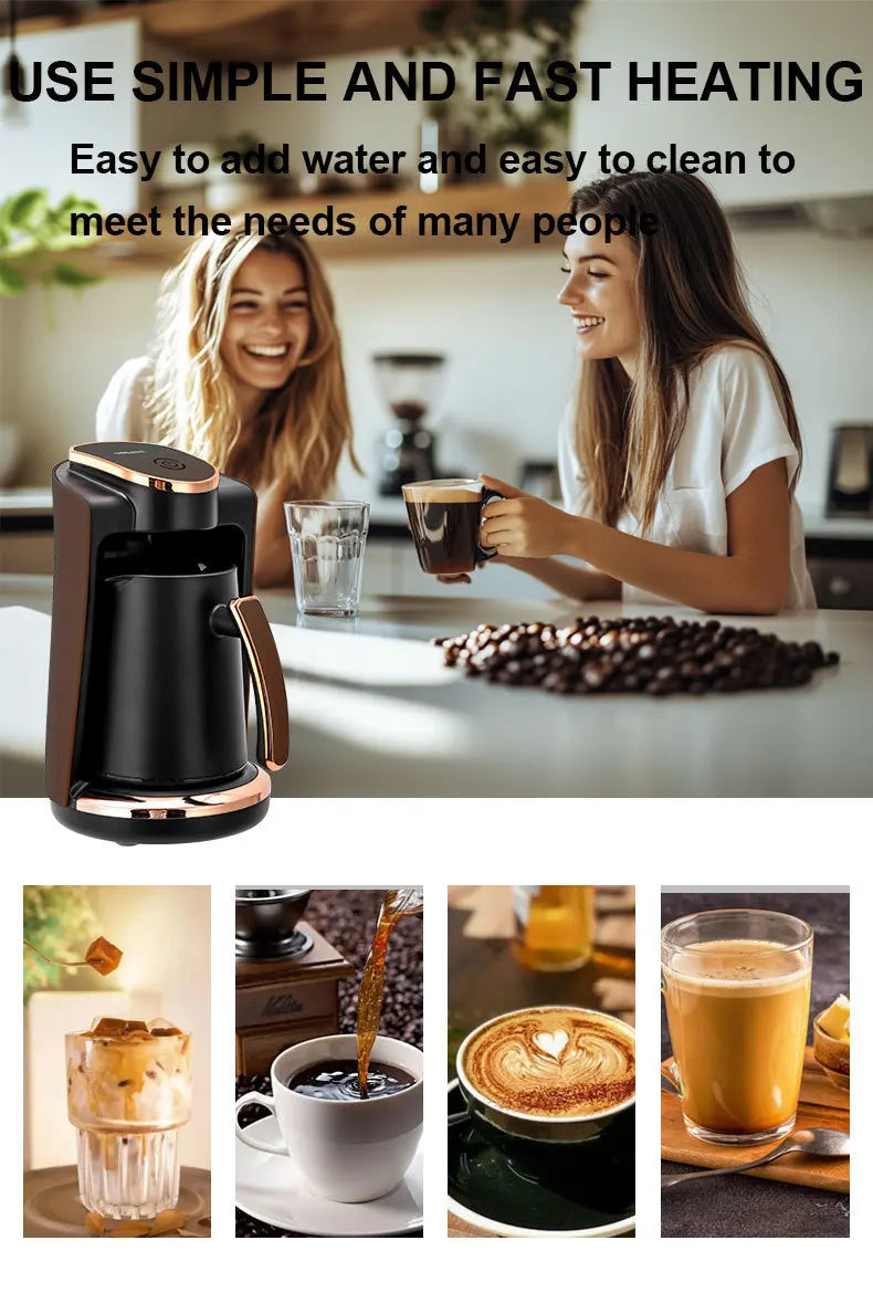 Black and rose gold electric coffee maker with heating base in a modern kitchen with women enjoying coffee.