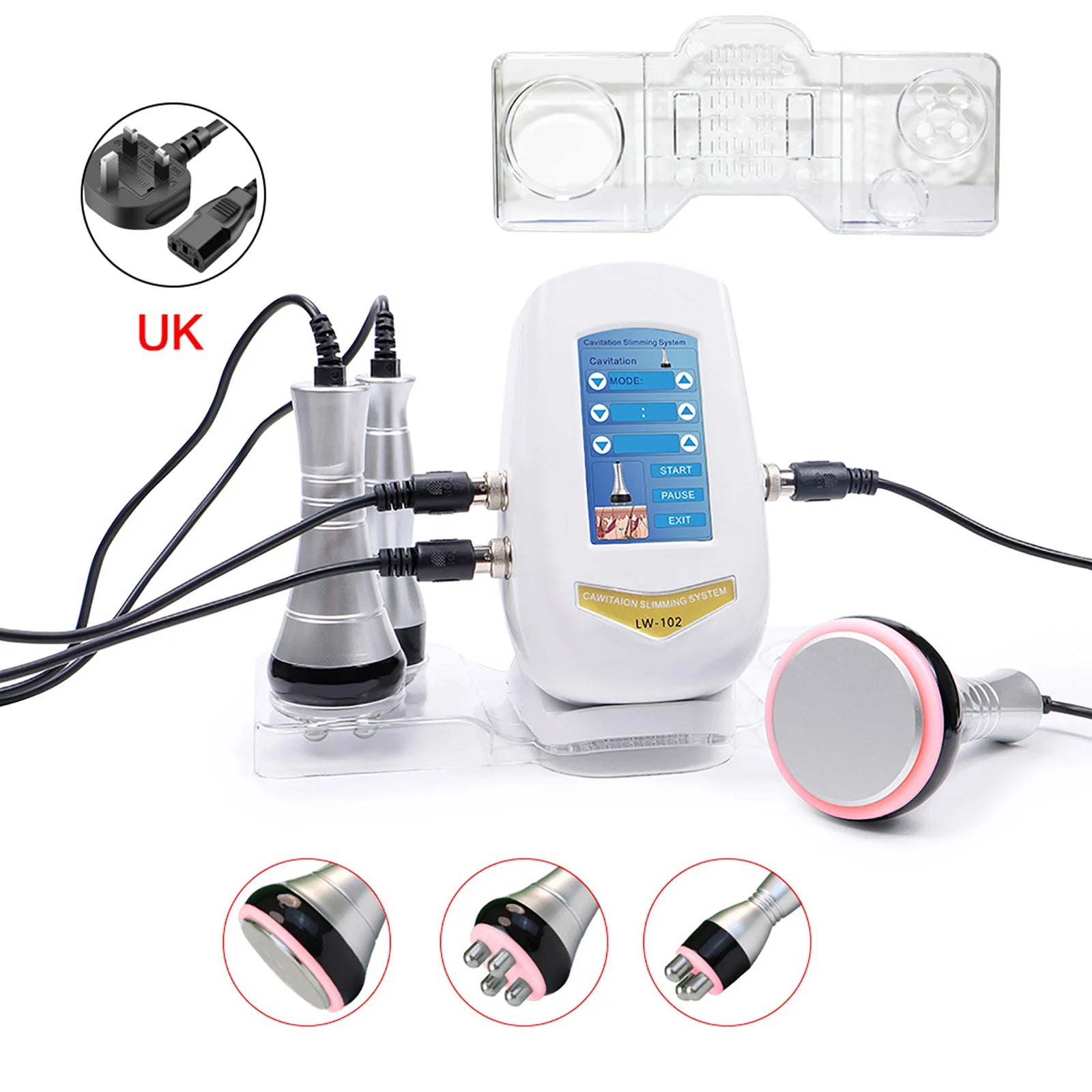 White BEEMY ultrasonic cavitation machine with various metal probes, touch screen, clear stand, and UK power plug.