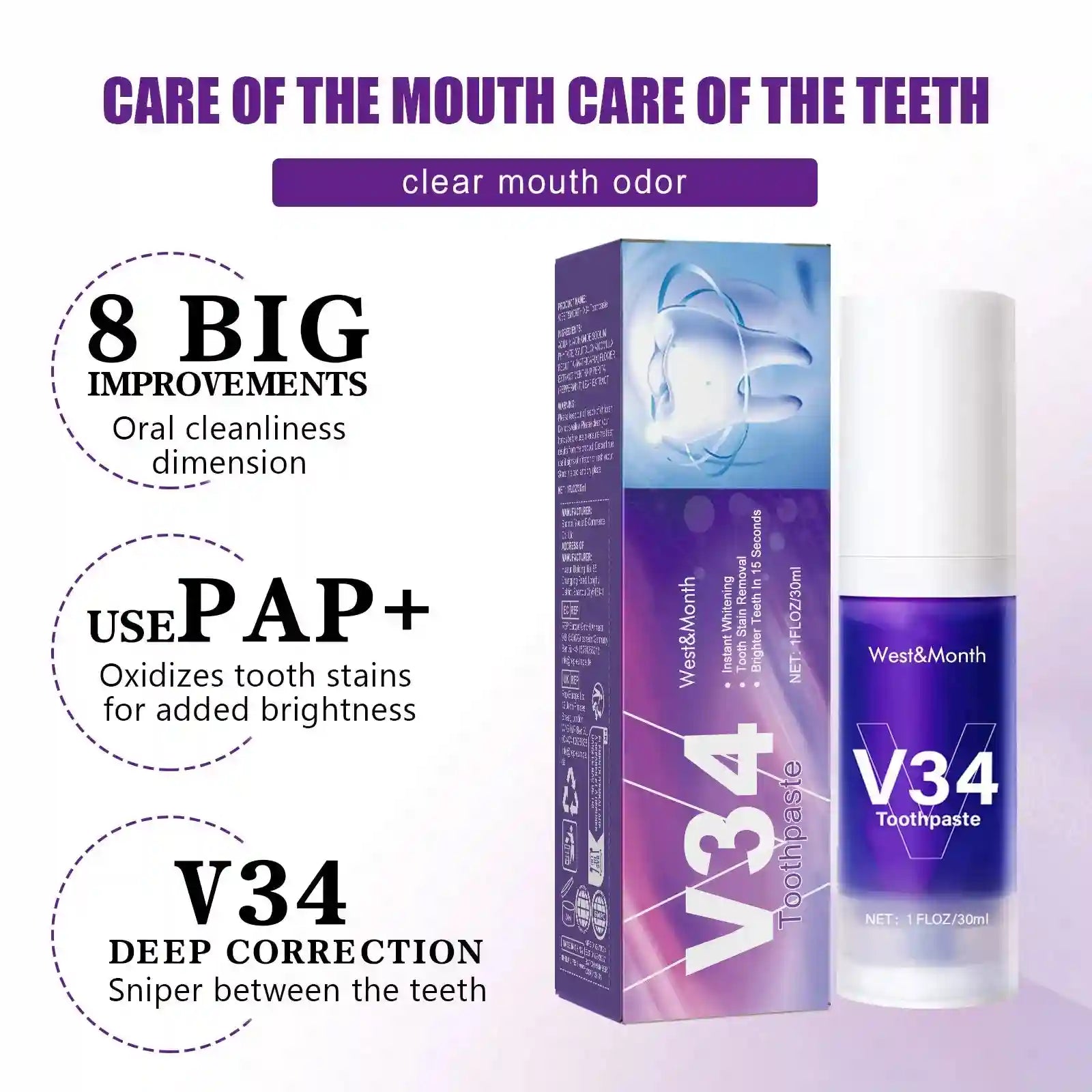 Tidesmit V34 Teeth Whitening Cleansing Mousse with gentle gum care and fresh breath pump dispenser