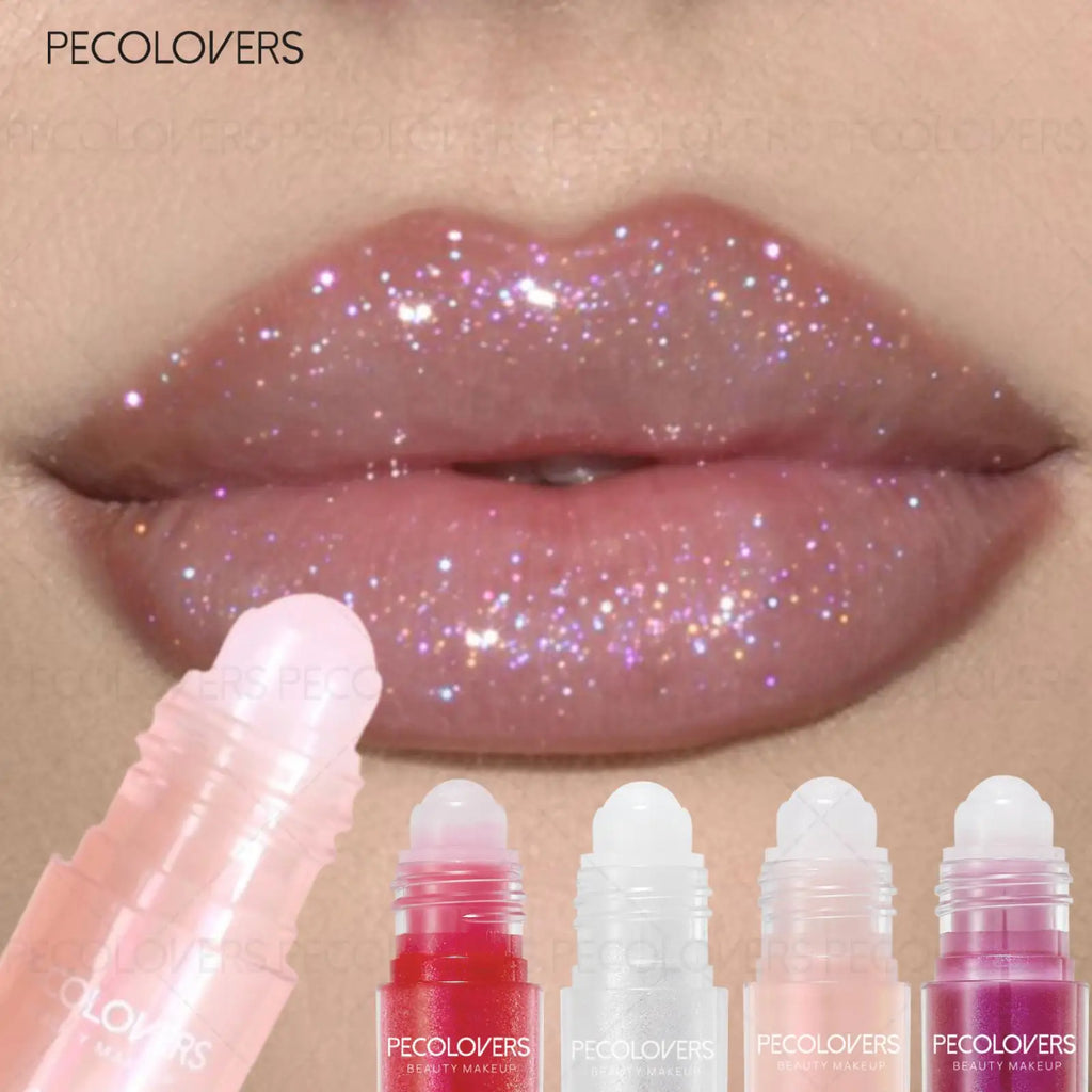 Moisturizing natural lip gloss with shimmery finish on lips and a selection of colorful roll-on lip makeup bottles.