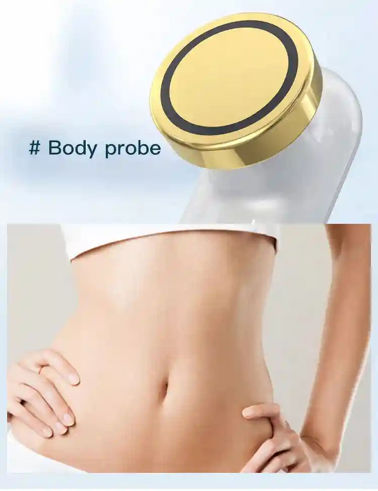 Gold-rimmed round body probe of a skin tightening beauty device shown above a person's midsection.