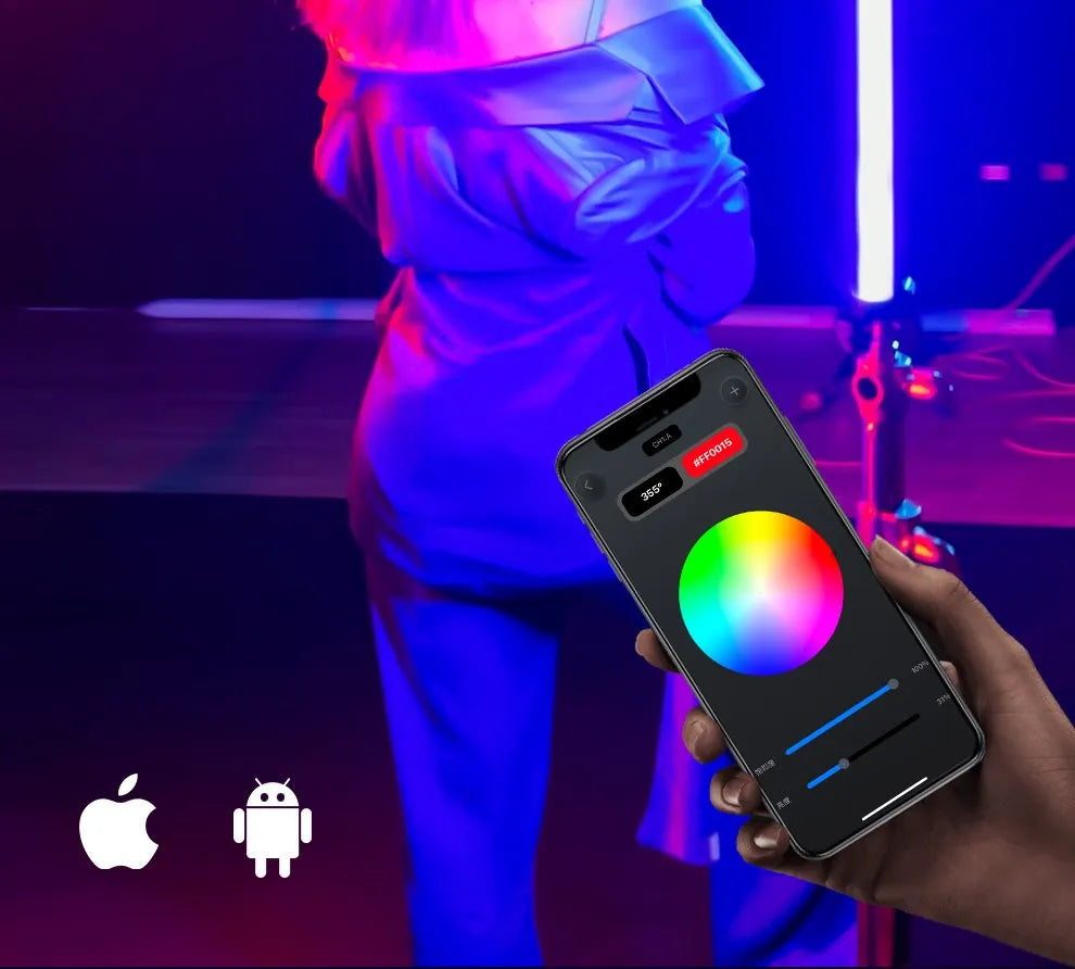 Smartphone app controlling lighting color with a circular color picker and sliders, shown next to Apple and Android