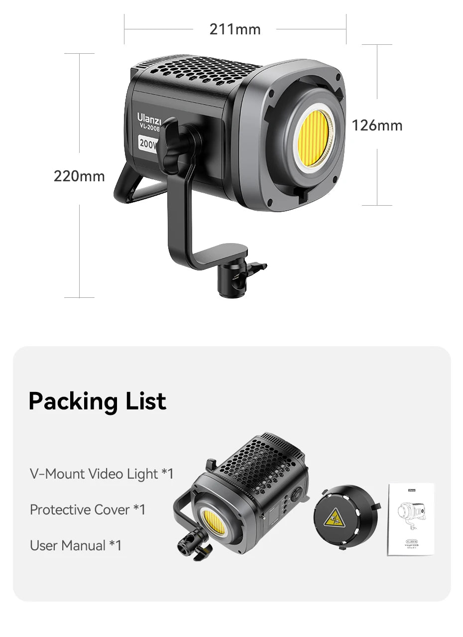 Black 200W COB LED studio video light with mounting yoke, dimensions, and packing list showing cover and user manual.