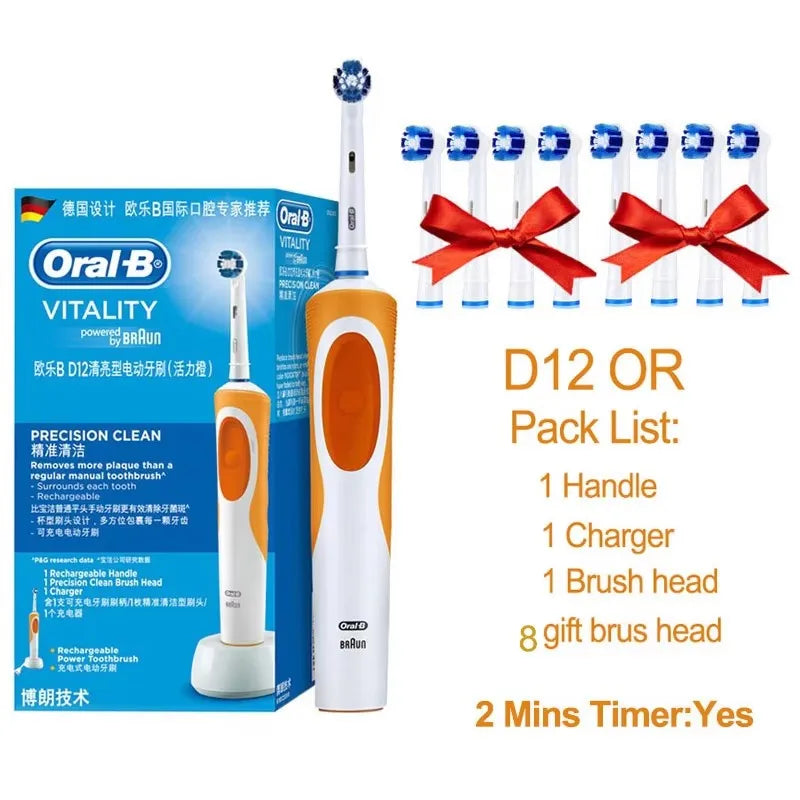 Electric toothbrush set, white handle with orange detail, charger and multiple brush heads
