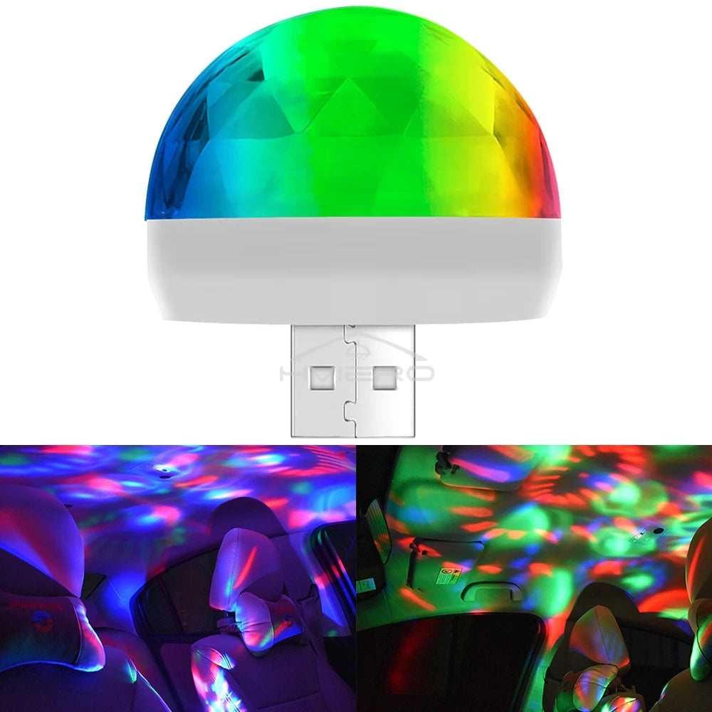 USB-powered multicolored disco ball light for car interior ambiance with rotating LED projection patterns.