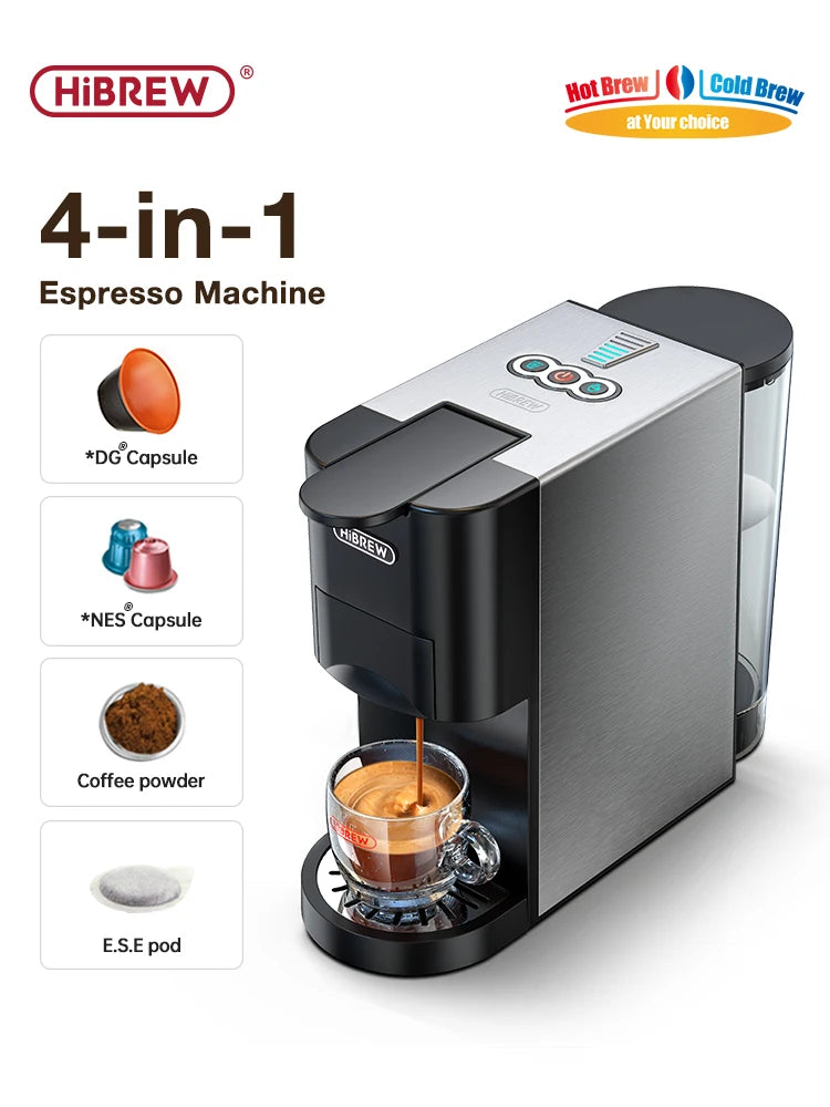 HiBREW 4-in-1 silver and black espresso machine with hot and cold brew, compatible with capsules and coffee powder.
