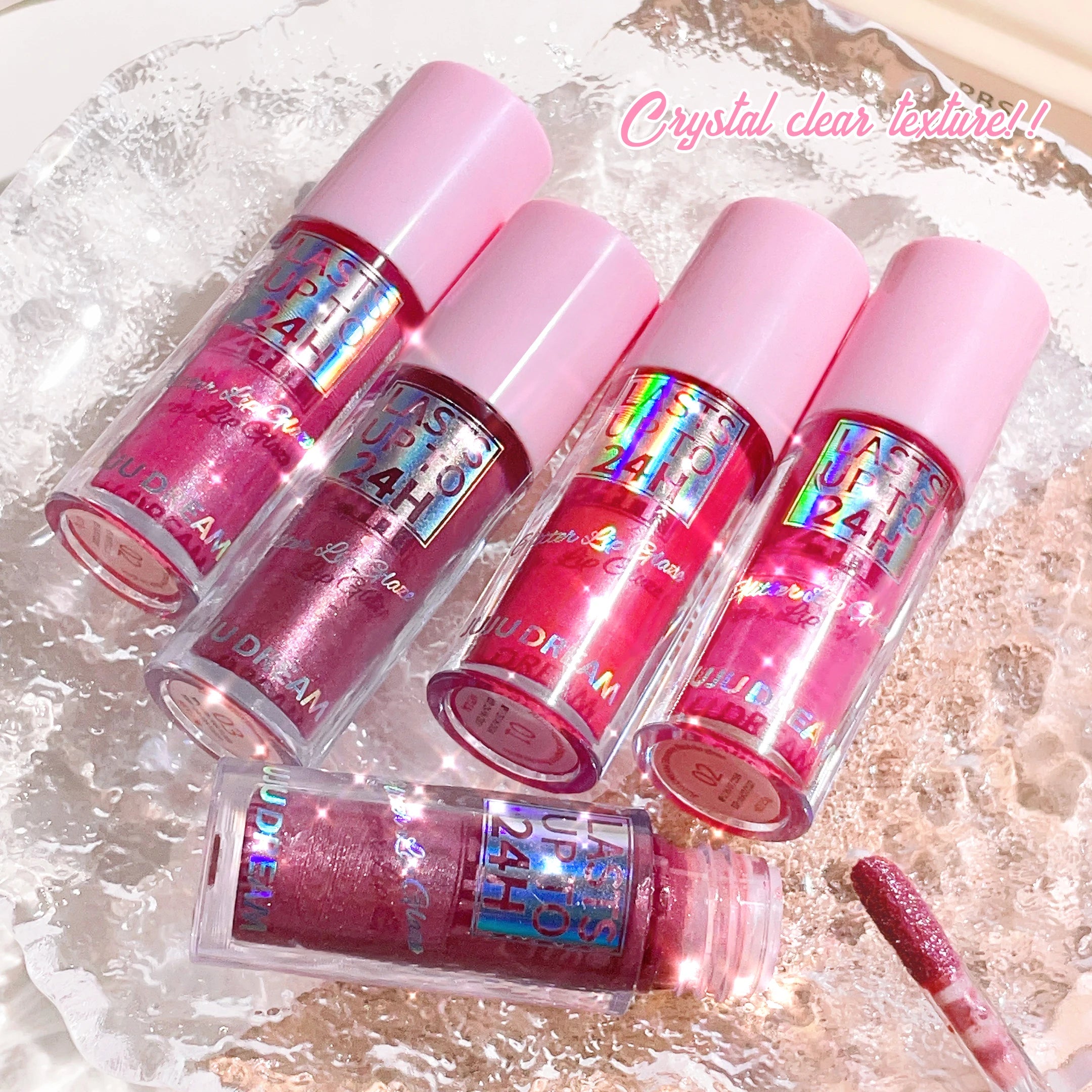 Long-lasting glitter lip glaze set with crystal-clear texture, waterproof liquid lipstick in sparkling pink shades.