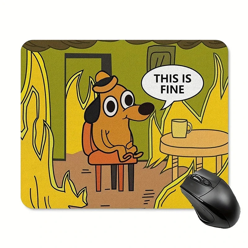 "This Is Fine" meme dog mouse pad, non-slip rubber gaming mat for office or PC desk, durable custom pet print.