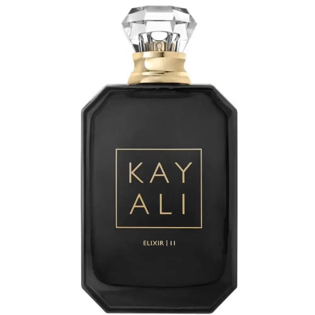 Kayali Elixir 11 Eau de Parfum: luxury 100ml floral, woody, sweet, vanilla scent in a sleek black geometric bottle.