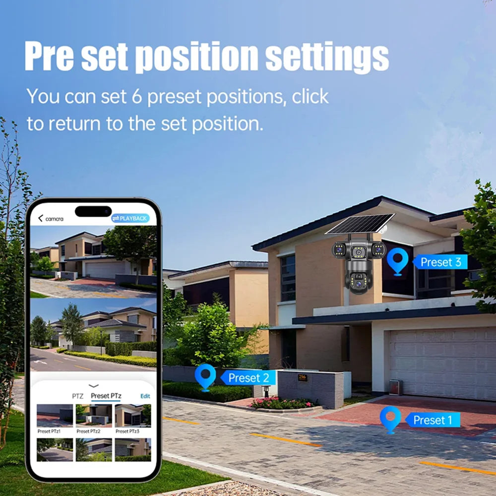 V380 Solar 4G IP Camera Outdoor 12MP 6K Triple Lenses Triple Screens Security Video Monitor Night Vision Waterproof CCTV Cameras