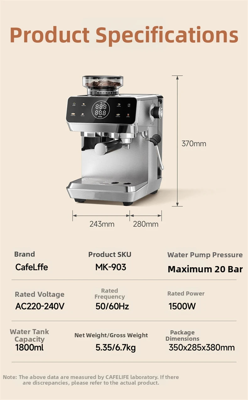 CafeLffe MK-903 stainless steel espresso machine with digital display, 20 bar pressure, and 1800ml water tank.
