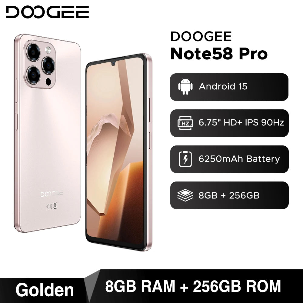 DOOGEE Note 58 Pro 5G Smartphone: 8GB RAM, 256GB Storage, Gold Edition AE 8GB 256GB Gold China Mainland Tidesmit