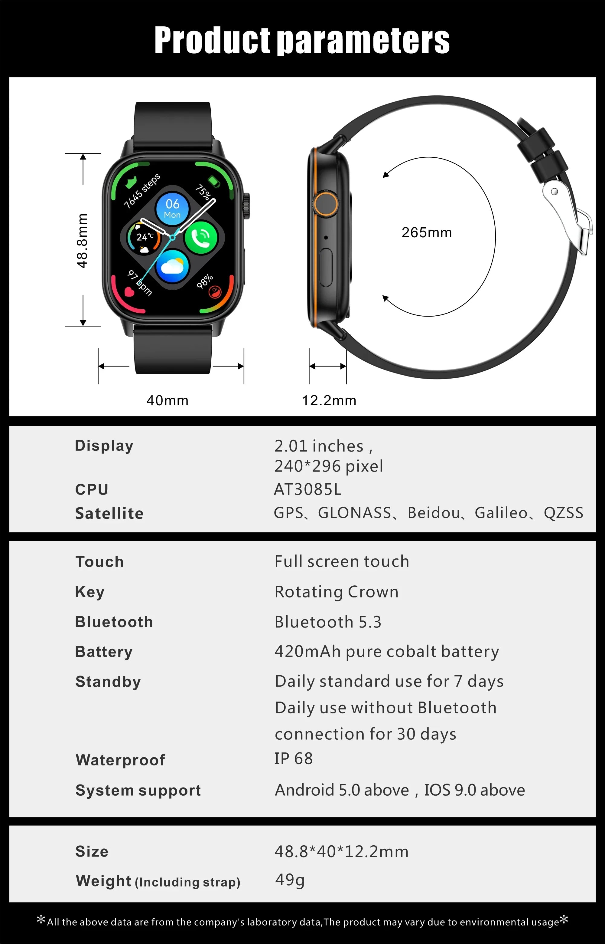 New Smartwatch Sports GPS tracker AMOLED Men Compass Military Outdoor Sports Bluetooth Call Watch 2.01 inch HD screen for Andrio
