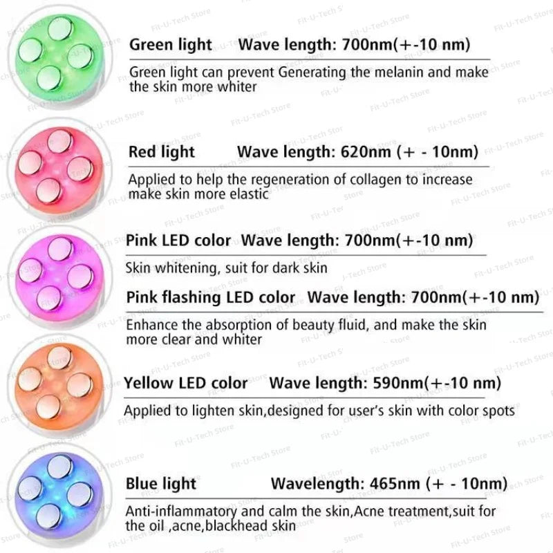 EMS facial massager with six circular metal probes shown in green, red, pink, orange, and blue LED light modes.
