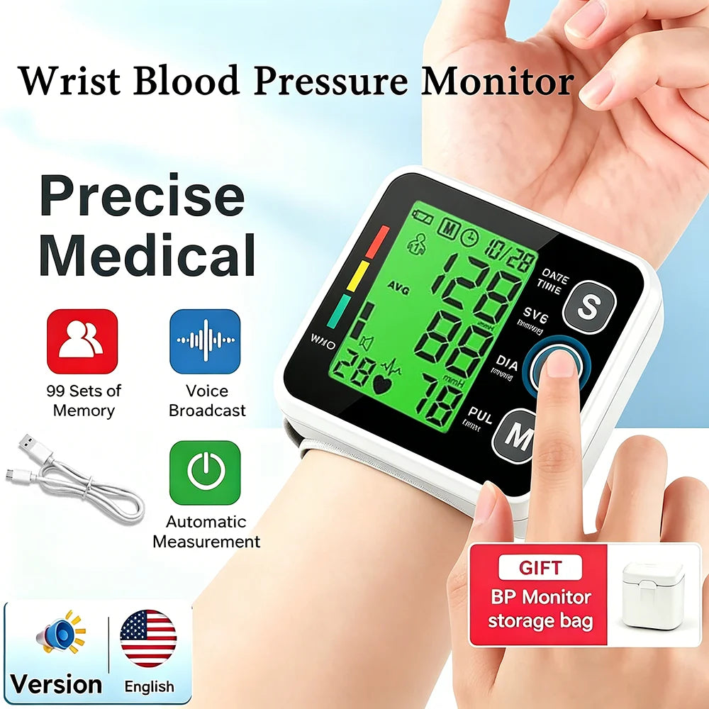 Smart Electronic Bp Monitors High Accurate Wrist Blood Pressure Monitor English Voice Tonometer LCD  Digital Sphygmomanometer
