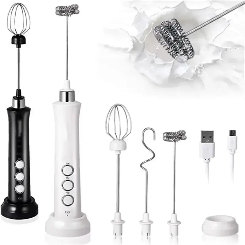 Electric handheld milk frother set with black and white handles, stainless steel whisks, and USB-C charging cable.