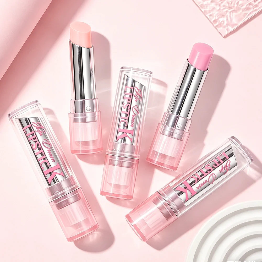 Pink magic color-changing lip balm and moisturizing lipstick in sleek pink cases for a natural, hydrating daily look.