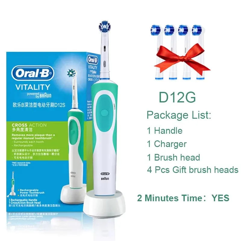 Electric toothbrush set, white handle with green detail, charger and 4 gift brush heads