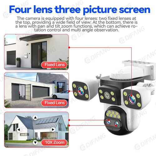 Outdoor PTZ security camera with four fixed lenses, angled view on white mount