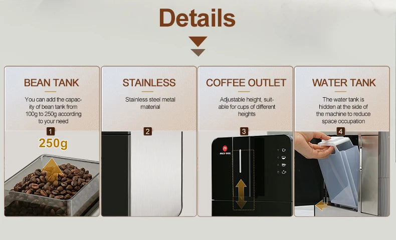 Mcaaog espresso coffee machine features: 250g bean hopper, stainless steel body, adjustable outlet, side water tank.