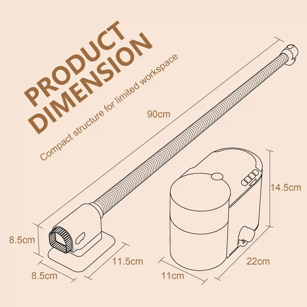 Dimensions diagram of a compact mini nail art vacuum with a flexible hose and built-in filter for home salons.