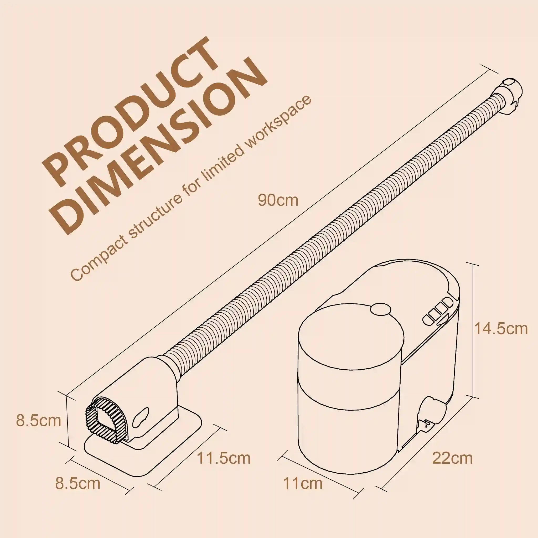 Dimensions diagram of a compact mini nail art vacuum with a flexible hose and built-in filter for home salons.