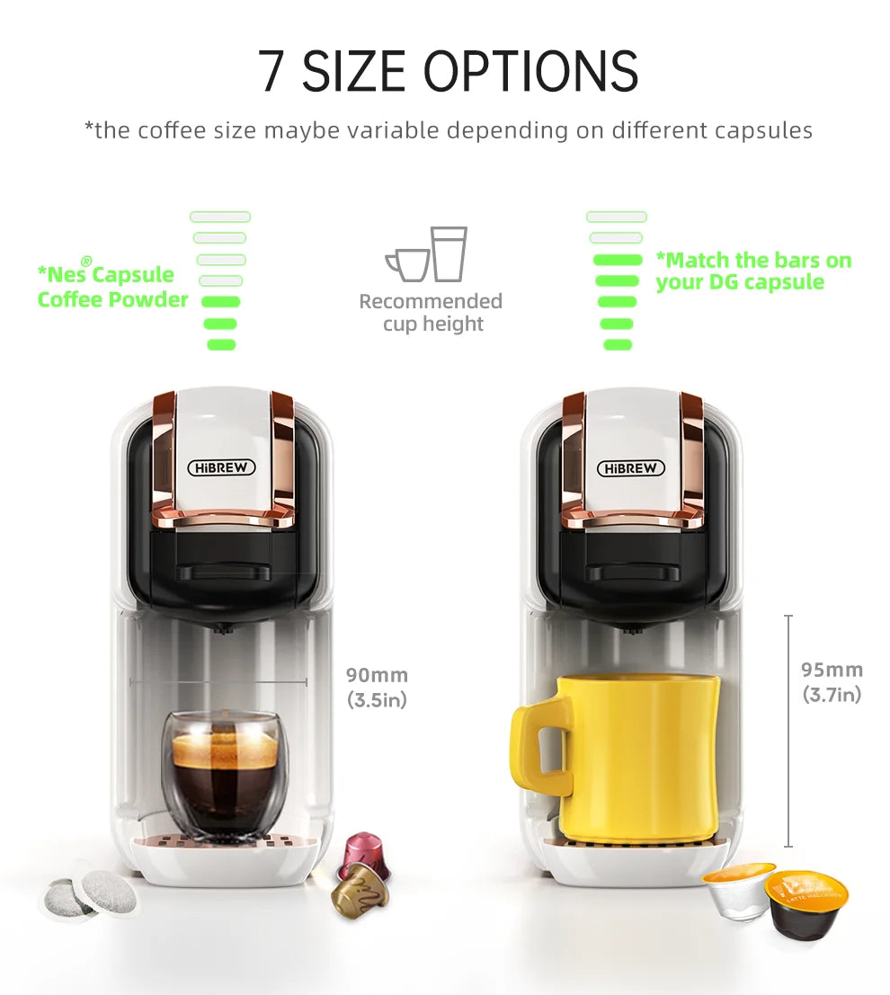 HiBREW white and black multi-capsule coffee maker featuring 7 adjustable size options and compatible cup heights.
