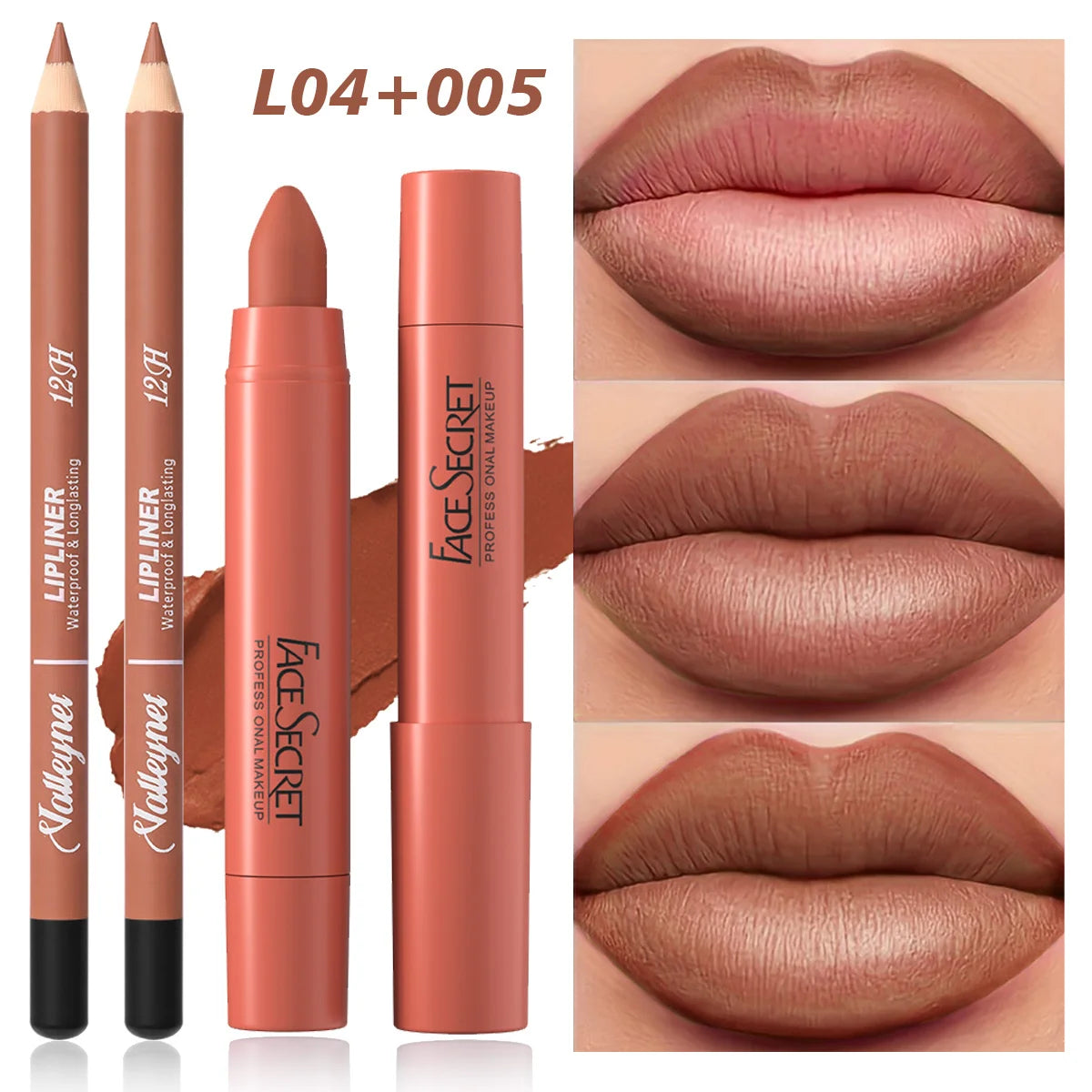 Lip makeup set with two nude matte lip liners and a long-lasting velvet lipstick in a warm, natural brown shade.