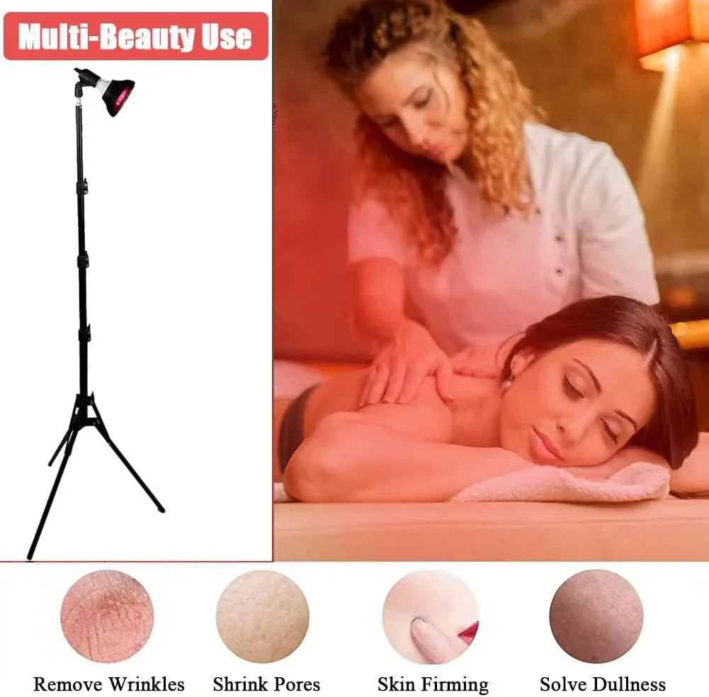 Red light therapy lamp with floor stand for skin health, face, and muscle pain relief, featuring 660nm and 850nm light.