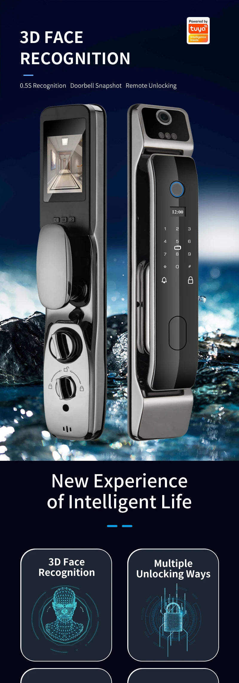 Tuya Smart 3D Face Door Lock Security Face & Camera Monitor Intelligent Fingerprint Password Biometric Electronic Key Unlock