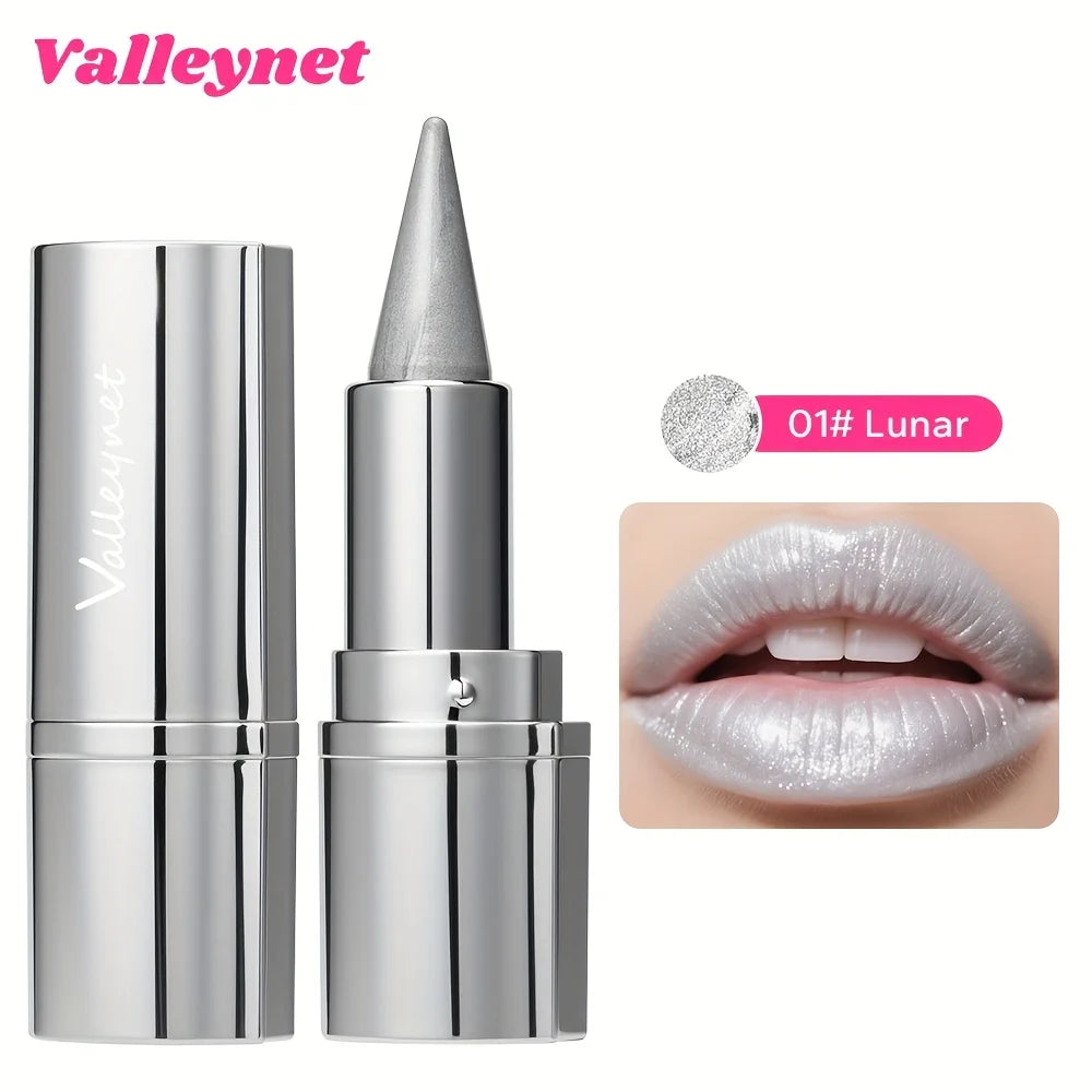 Metallic silver long-lasting glitter lipstick in Lunar shade with waterproof, shimmering luminous finish for lips.