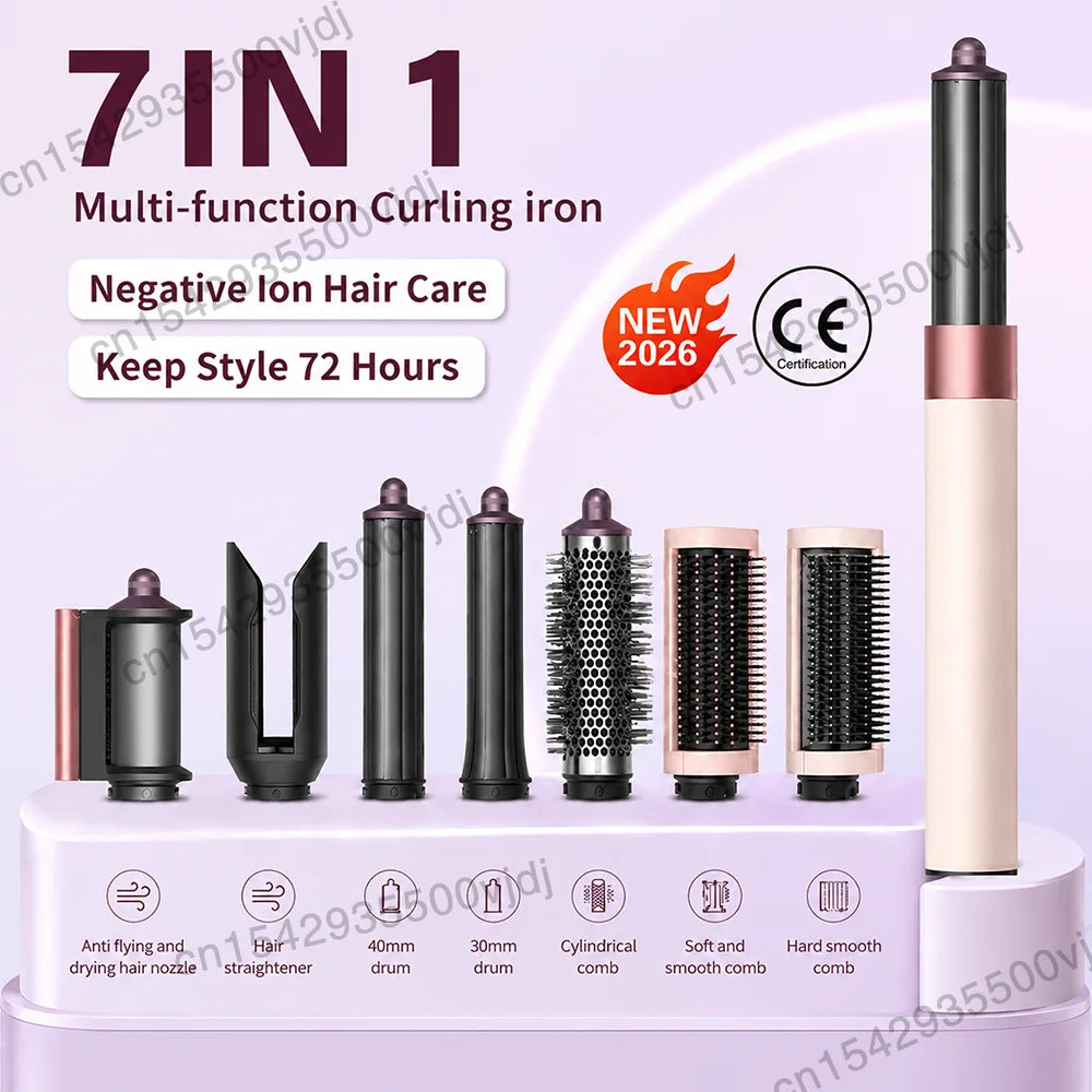 7-in-1 high-speed ionic hair dryer set in cream and pink, featuring seven versatile styling attachments for hair care.