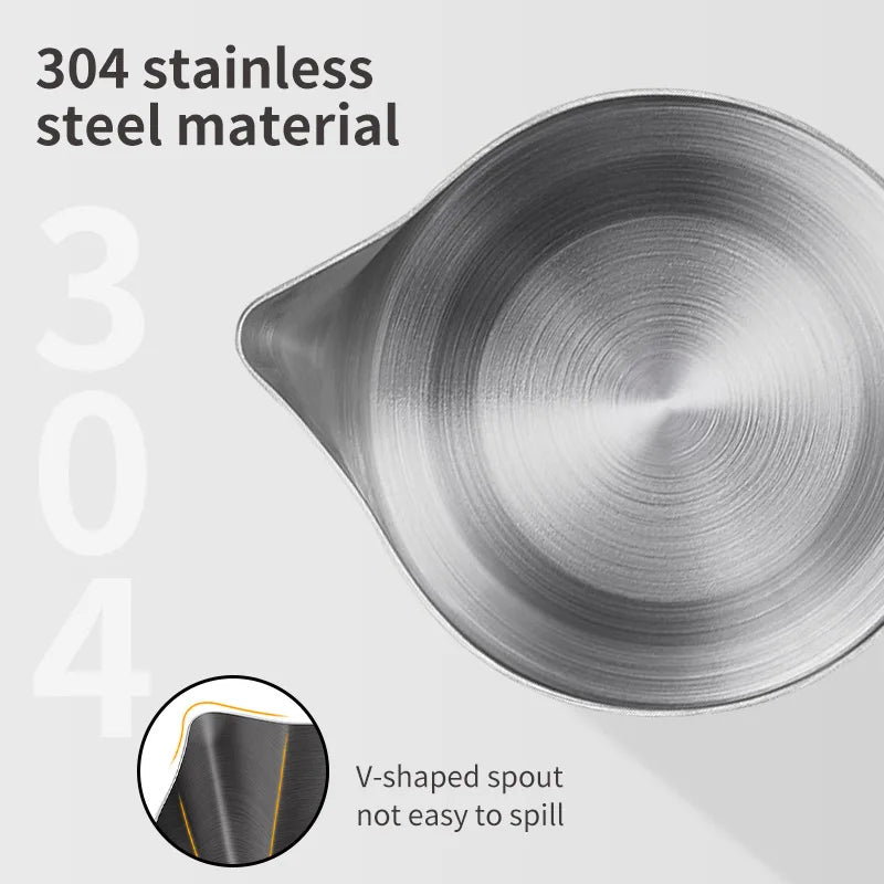 Silver 304 stainless steel coffee or tea pitcher with a non-spill V-shaped spout for precise pouring.