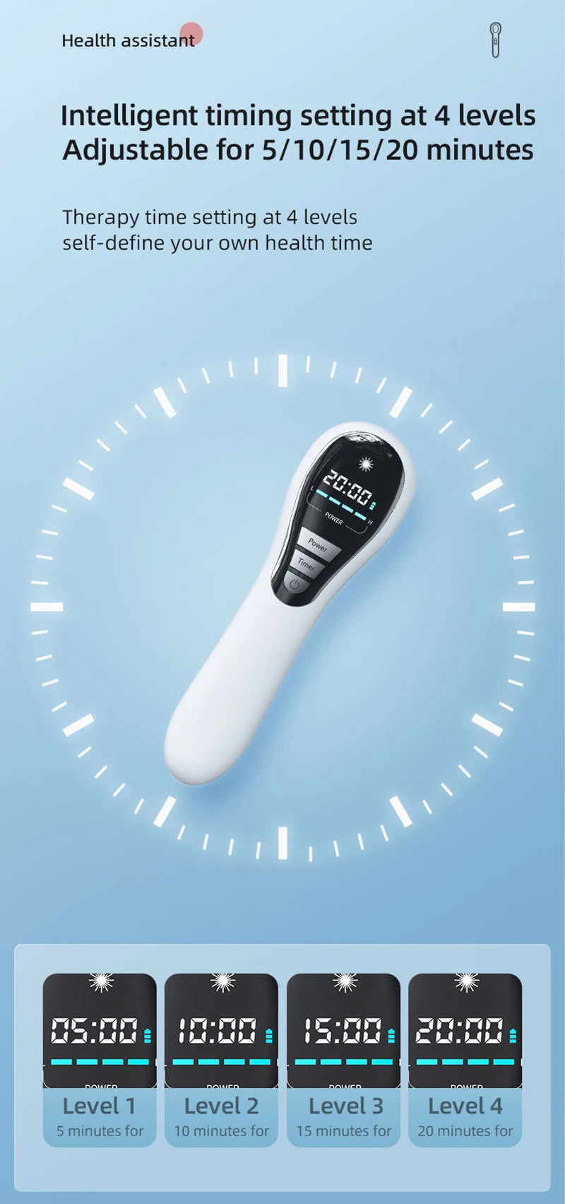 White handheld cold laser therapy device with digital timer display for pain relief, showing 4-level light settings.