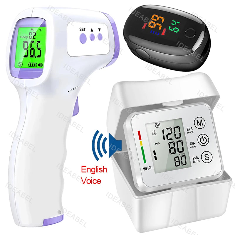Wrist Blood Pressure Monitor LED English Voice Broadcast Tonometer BP Monitor Non Contact Infrared Medical Thermometer
