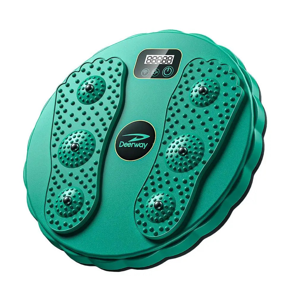 Round green plastic waist twisting disc with textured foot pads, massage nodes, and a digital exercise counter.