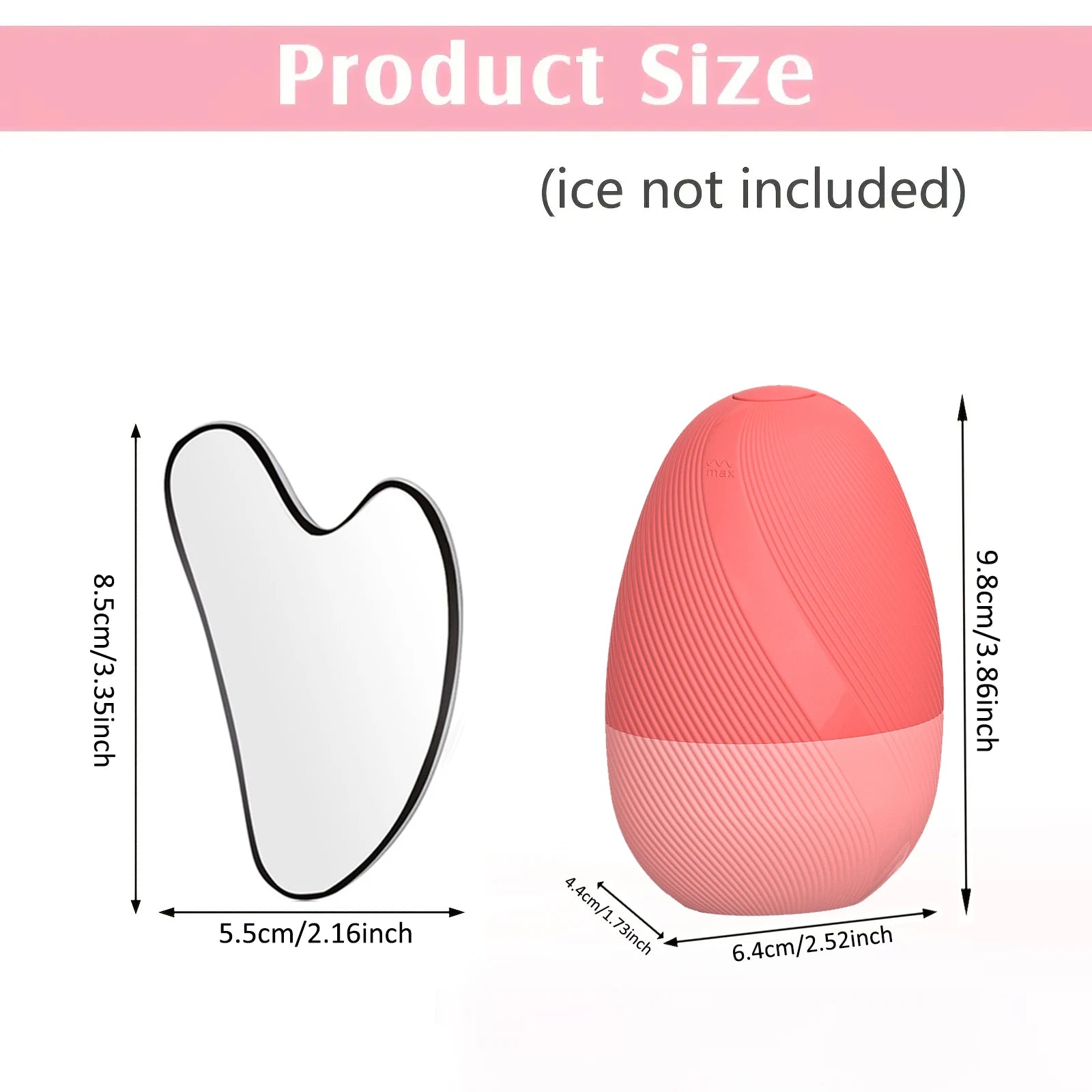 Diagram showing the dimensions of a heart-shaped silver gua sha tool and a pink, oval-shaped ice face roller.
